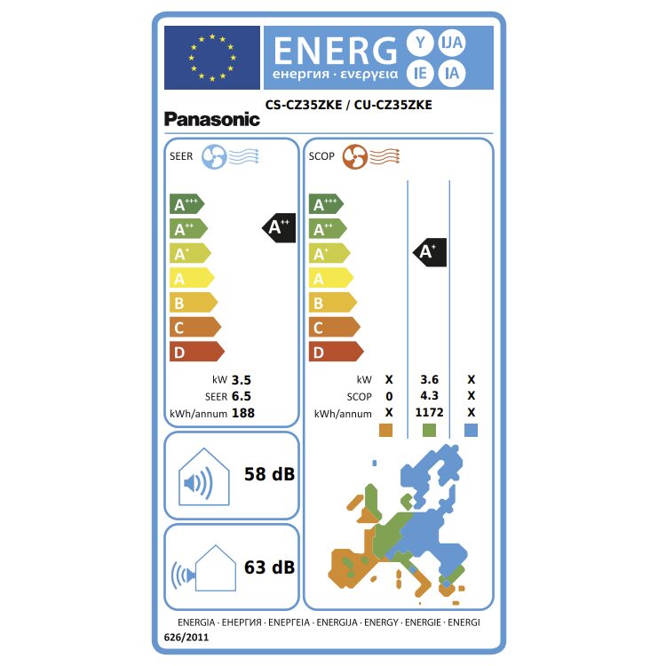 Panasonic - CZ35ZKE Energimærke Varmeeffekt: 6,70 kW Køleeffekt: 4,00 kW SEER: 6,50 A++ SCOP: 4,30 A+