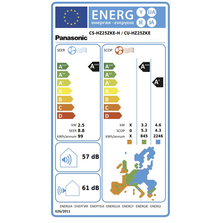 Panasonic - HZ25ZKE-H Energimærke. Varmeeffekt: 7,50 kW Køleeffekt: 3,00 kW SEER: 8,80 A+++ SCOP: 5,30 A+++