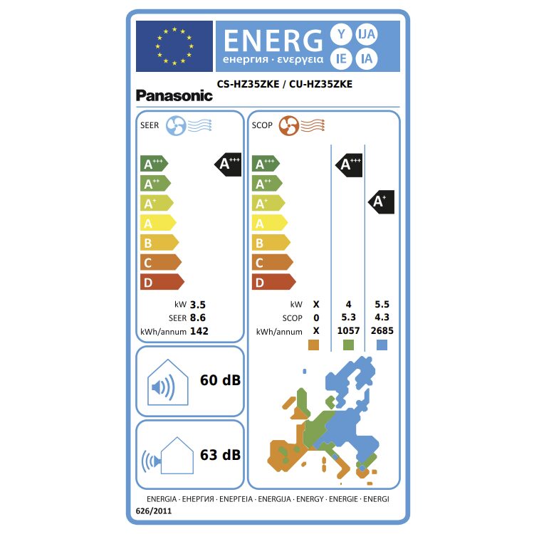 Panasonic - HZ35ZKE-H Energimærke Varmeeffekt: 7,90 kW Køleeffekt: 4,60 kW SEER: 8,60 A+++ SCOP: 5,30 A+++